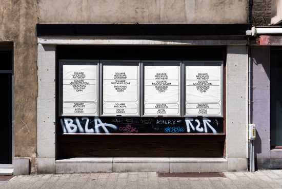 Urban storefront with posters for square mockups, perfect for showcasing design templates, realistic graphic assets for designers.